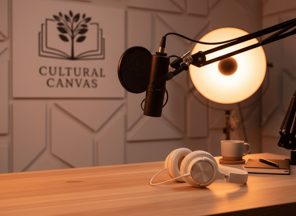 A professional podcast microphone on a desk with headphones, warm studio lighting, clean and modern style, suitable for a cultural association podcast
